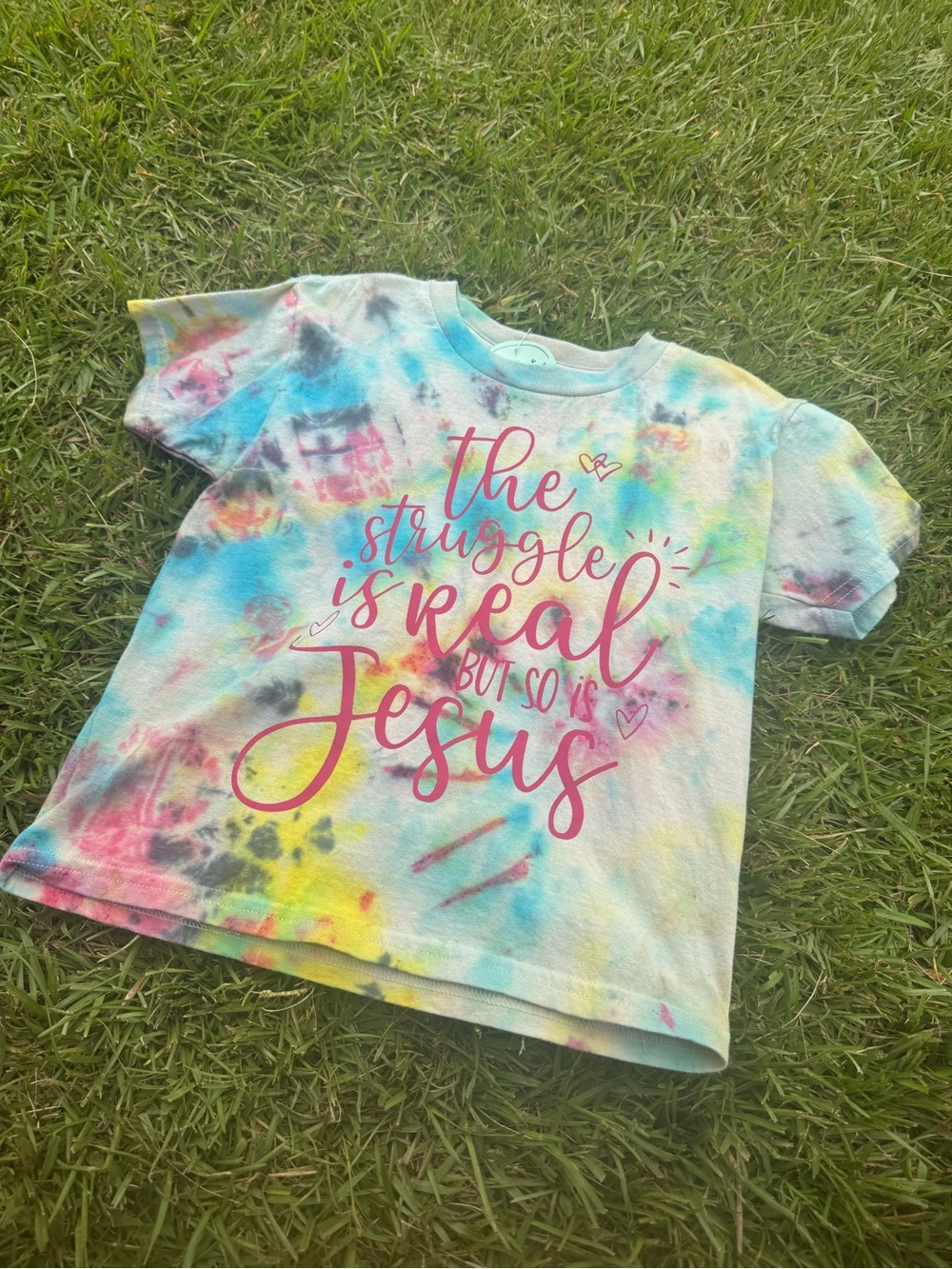 Gildan Tie-Dye Kids Tee in Blue, Yellow & Pink with Jesus Graphic